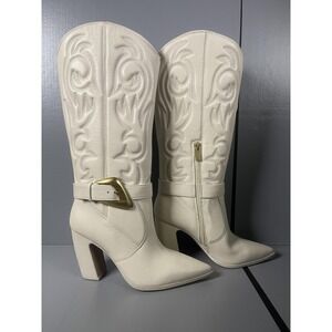 Vince Camuto Boots Womens Size 7.5 White Leather Western Block Heel VC-BIANCAA